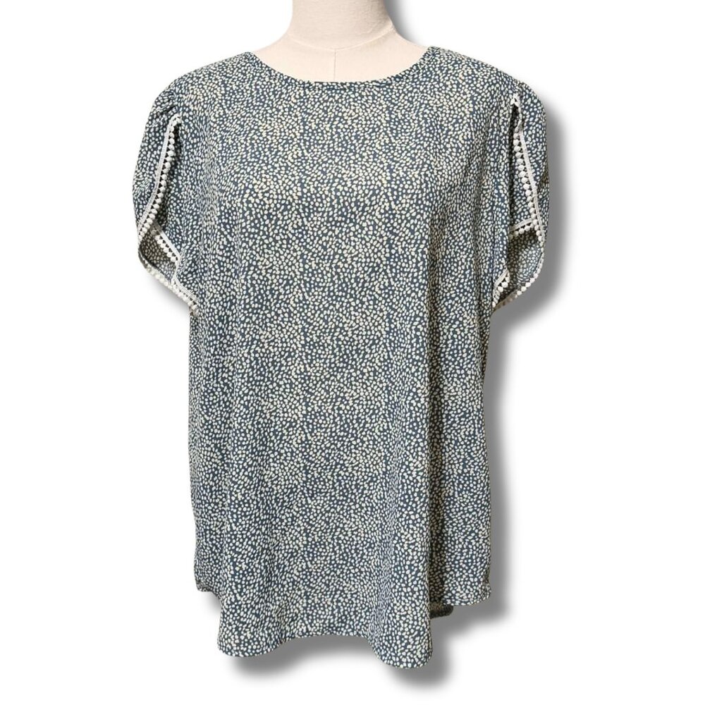 Angashion Blue White Dot Print Blouse | Crochet-Trim Short Sleeve Top Size XL
